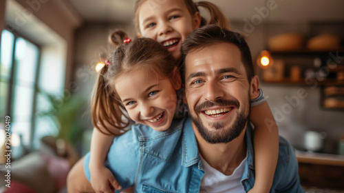 the family are smiling while being helped by a professional in the kitchen or living room,