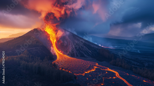 A volcano erupts with lava spewing out of it