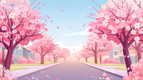 Spring tree lined street with cherry blossoms blooming landscape background