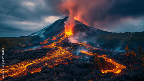 A volcano erupts with lava spewing out of it