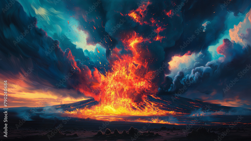 A fiery explosion is depicted in a painting of a volcano A fiery explosion is depicted in a painting of a volcano