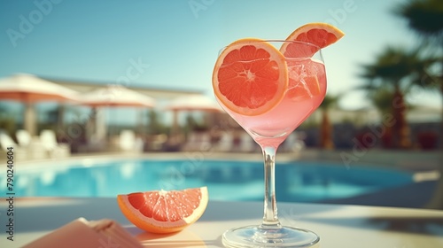 cocktail glass with a grapefruit slice placed on a table in a tourist resort in the afternoon photo