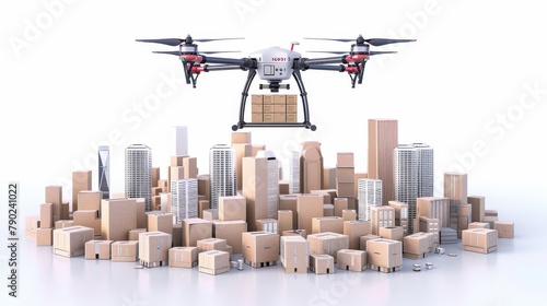 A drone is flying over a city with a large number of cardboard boxes