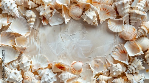 texture of a mirror frame, crushed seashells as material for the frame, copy and text space, 16:9 