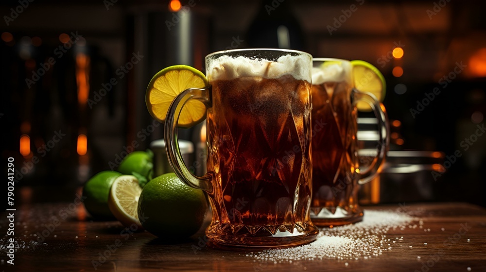 Two glasses of beer with lime slices on top, depicted in a vector art illustration Two glasses of beer with lime slices on top, depicted in a vector art illustration