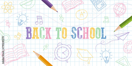Back to school design template. Background with school supplies icons. Vector illustration.