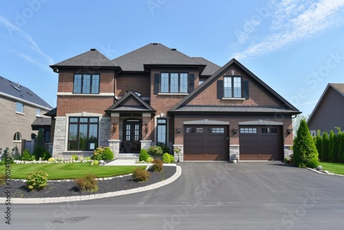 House Outside. Luxury Home Exterior with Brick and Siding Trim, Double Garage in Paseo Driveway © AIGen