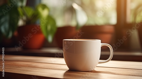 dark brown and white mug of beverage placed on a plate on wooden dining table with blurred background at home