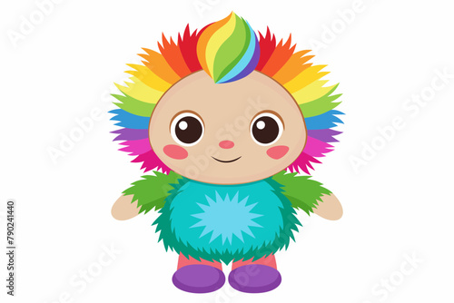 very cute baby doll, rainbow fur, full body, plain white background