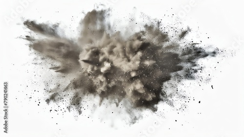a dust explosion, fine particles in motion, spotlight effect, isolated on white, macro style