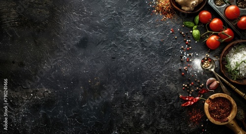 Cooking Table. Top View of food ingredient on a Black Background for Kitchen Space