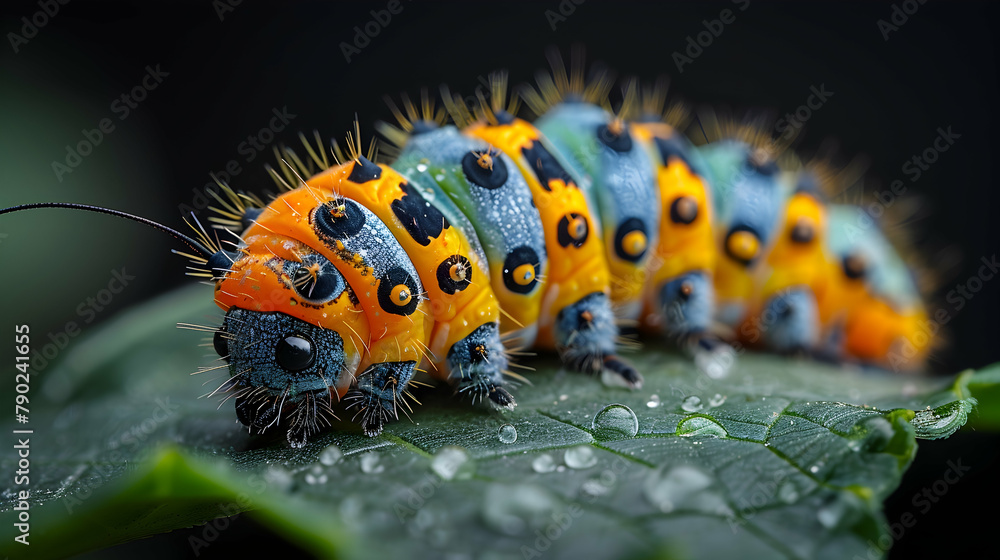A vividly colored caterpillar on a green leaf, focusing on its patterns and tiny hairs A vividly colored caterpillar on a green leaf, focusing on its patterns and tiny hairs