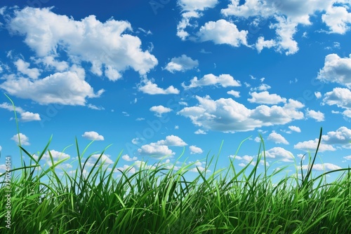 Sky Clouds Grass. Green Meadow with Blue Sky and White Clouds Landscape © AIGen