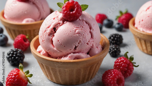 ball of pink berry ice cream in a waffle cup stands on the table on a white background  appetizing cold dessert  summer season  raspberry  berries  sweetness  portion
