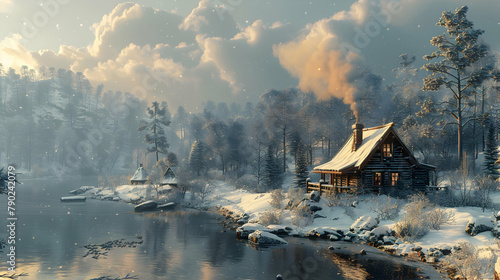 A winter scene with snow-covered pines and a small cabin emitting smoke from its chimney, the entire landscape enveloped in white