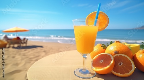 glass of orange juice with ice umbrella and fruit slices on sandy beach near waving sea on sunny day