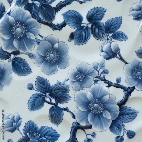 Elegant blue flowers and leaves intricately designed on a smooth porcelain surface, reflecting classic beauty and craftsmanship.