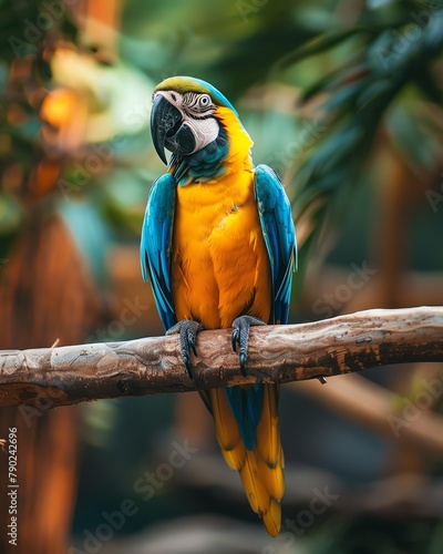 Portrait of a charming parrot perched on a decorated branch, its bright feathers contrasting beautifully against a soft, blurred background, ideal for exotic pet and wildlife photography