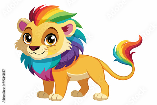 very cute baby lion, rainbow fur, full body, plain white background photo