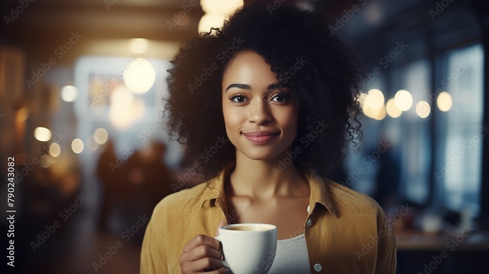serious of African American female holding a with cup of coffee on weekend in cafe blurred background serious of African American female holding a with cup of coffee on weekend in cafe blurred background