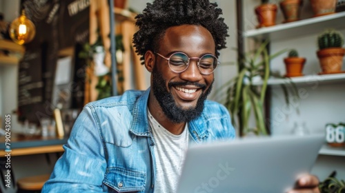 Smiling Man Using Digital Tablet