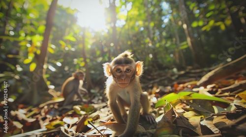 A cute monkey lives in a natural forest of Thailand