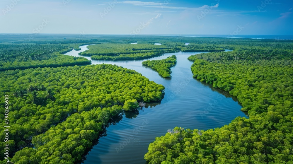 Expansive aerial view of lush mangrove forest and winding waterways, epitomizing a thriving ecosystem and the concept of untouched wilderness