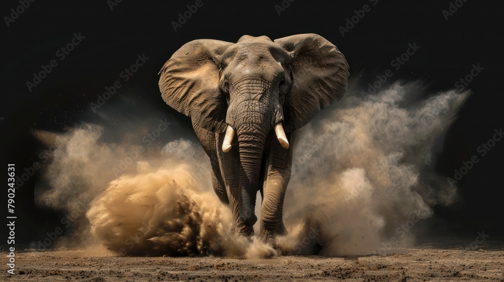 Fototapeta premium African elephant with dust and sand on black background