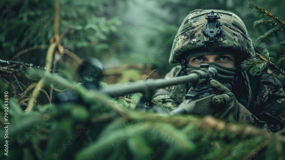 Naklejka premium Soldier with a gun equipped with an optical sight concealed among spruce branches in a forest area