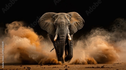 African elephant with dust and sand on black background photo
