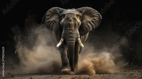 African elephant with dust and sand on black background photo