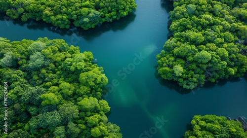 Drone perspective of vibrant green mangrove ecosystem with clear water reflecting the sky, encapsulating the concept of tranquility and untouched nature