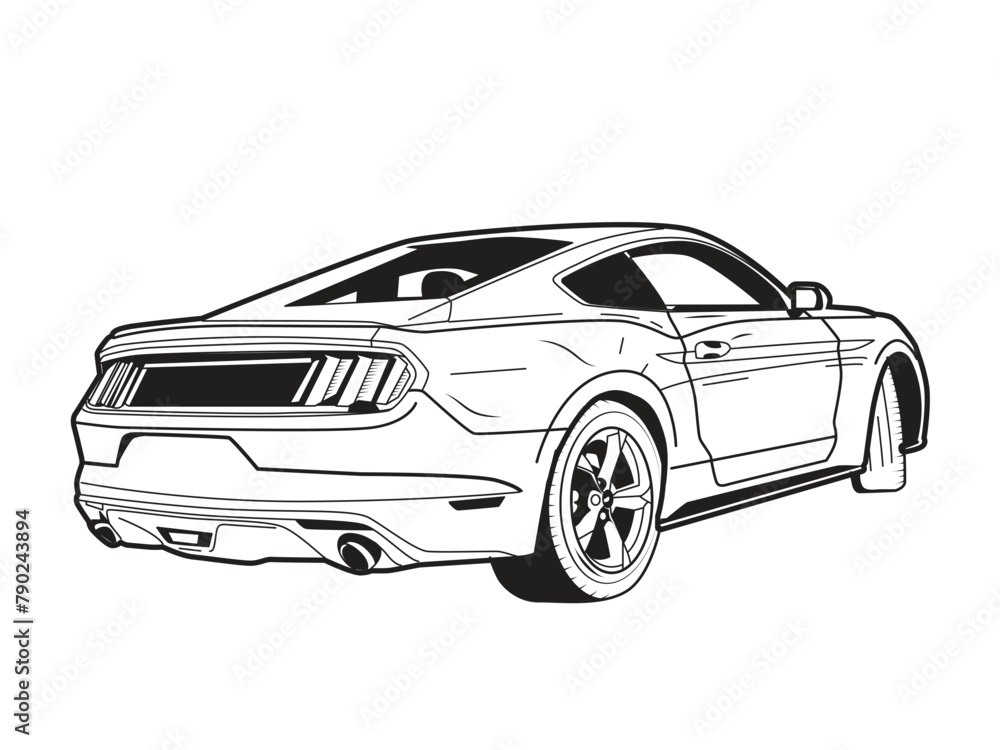 Sports car illustration in black and white style isolated on white