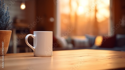 white mug of beverage placed on wooden dining table with chair in cozy room with blurred background at home photo