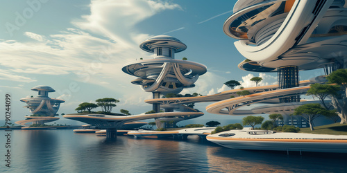 Sustainable Futuristic City on Water. Ocean, Sea, Ecology. Solar, Wind, Wave Green Energy Sources. Addressing Global Warming, Climate Change, Overpopulation. Smart Infrastructure, Biotech Architecture