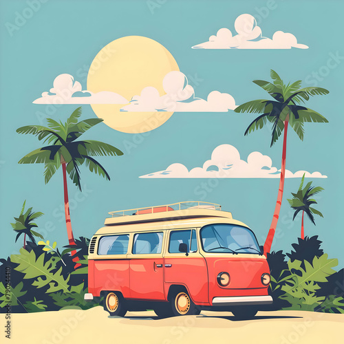 Flat Illustration of Minivan under Palm Trees. Sunny Vacation on the Sandy Beach.