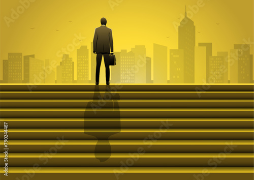 A businessman on top of stairs looking into the distance. Success and future concept.