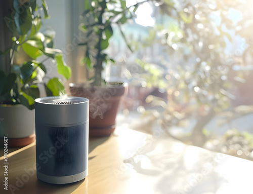 Air Purifier in Interior with Plant on Window Sill. Fresh Air and Balanced Lifestyle photo