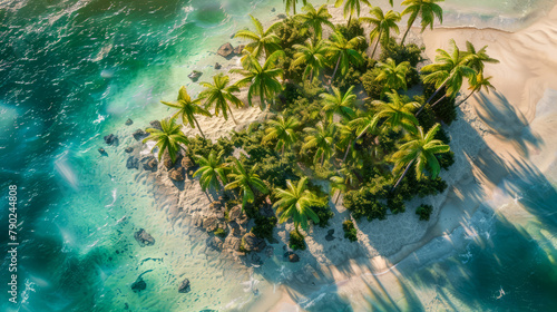 Ilha tropical de areia branca, águas transparentes e palmeiras photo