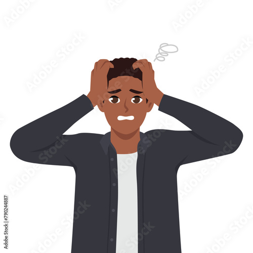 Exhausted black businessman with chaos and mess in head suffer from nervous breakdown. Flat vector illustration isolated on white background