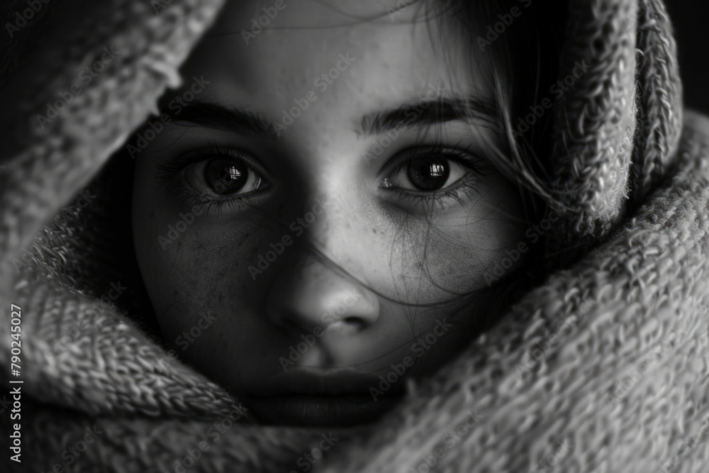 A woman wrapped in a blanket trying to hide from problems and cold. A woman wrapped in a blanket trying to hide from problems and cold.