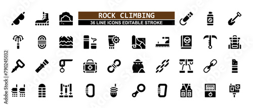 36 Rock Climbing Line Icons Set Pack Editable Stroke Vector Illustration.