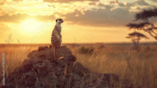 A pair of curious meerkats standing alert atop a sun-baked termite mound, their watchful eyes scanning the horizon for signs of danger or opportunity in the vast African savanna.