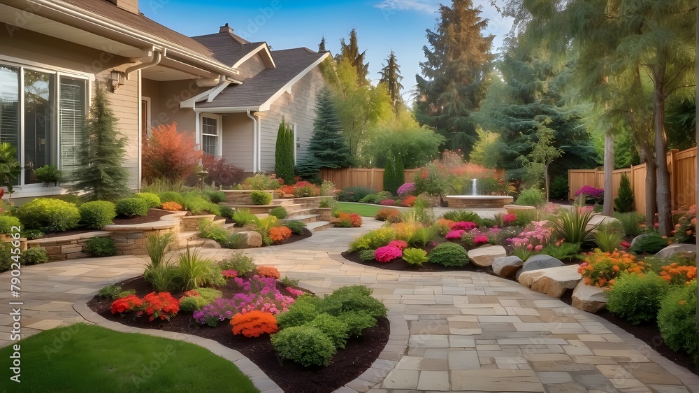 Beautiful backyard landscaping in a residential property, featuring flower beds in the landscape design. Beautifully designed garden with a luxurious backyard in the summertime. Theme: nature