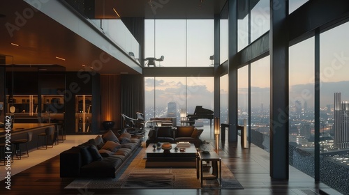 A modern penthouse perched atop a skyscraper, with floor-to-ceiling windows that frame breathtaking city views and sleek contemporary interiors that exude sophistication and style,