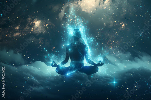 A person meditating in the center of an abstract background with glowing stars and galaxies