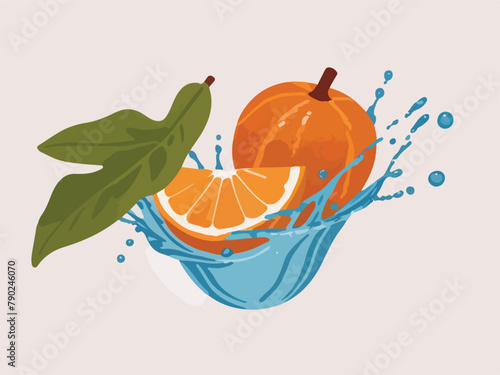 orange fruit with leaves and water splash. vector illustration.