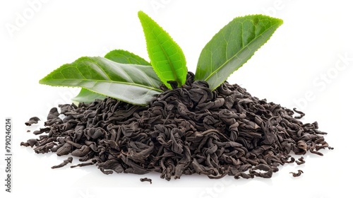 A pile of dry tea leaves with fresh green tea leaves on top, isolated on a white background.