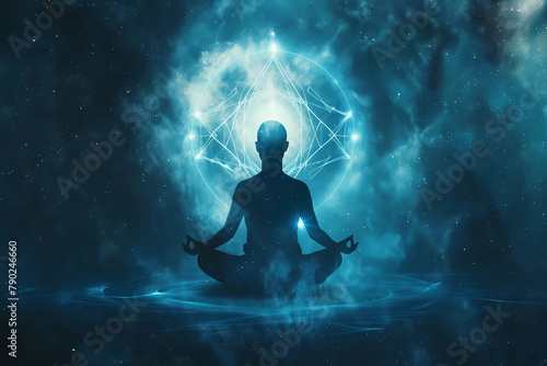 A person meditating in the center of an abstract background with glowing stars and galaxies