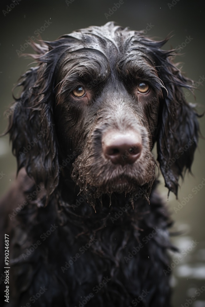 Portrait of an old, wet and mud covered field spaniel dog with piercing eyes. Rescue and help abandoned animals, pets adoption concept Portrait of an old, wet and mud covered field spaniel dog with piercing eyes. Rescue and help abandoned animals, pets adoption concept